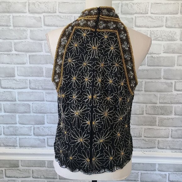 Vintage Mark & John By Gopal Silk Black Beaded Halter Top Blouse Elegant Party L - Picture 4 of 13